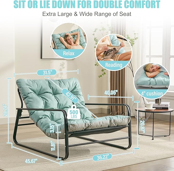 HomeMiYN Accent Chair Metal Framed ArmchairIndoor &amp Outdoor Oversized Sling Recliner Chair Support 500lbs with Extra Thick Double-Sided Cushionfor Living RoomBedroomBalconyTeal Blue/Grey