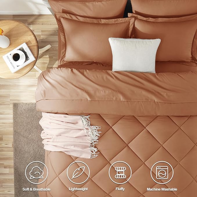 CozyLux Queen Comforter Set Pumpkin - Bed in a Bag Queen Size 7 Pieces Luxury Soft Bed Set for All Seasons Bedding Set with Down Alternative Comforter Sheets Pillowcases &amp Shams