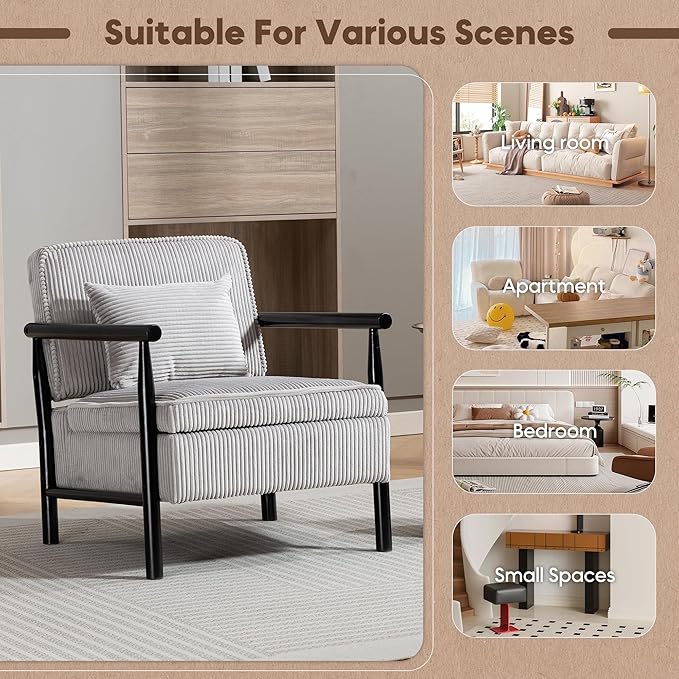 Yoglad Accent Chair with Storage Corduroy Fabric Reading Chair with Wood Frame Mid Century Modern Storage Armchair for Living Room Bedroom Apartment(Antique Grey)