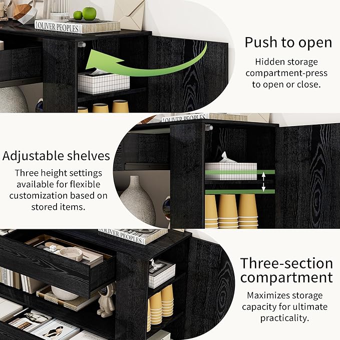 TV Stand for 55 Inch with 2 Large Drawers &amp Hidden Storage Cabinets Modern Farmhouse Entertainment Center Television Stands for Living Room Bedroom Black Wood Grain