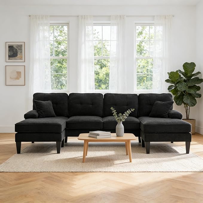 100'' U-Shaped Sectional Sofa with Double Chaise Minimalist 4-Seater Couch with 2 Pillows Sofa Set with Arm &amp 2 Side Pocket for Living Room Apartment (Grey)