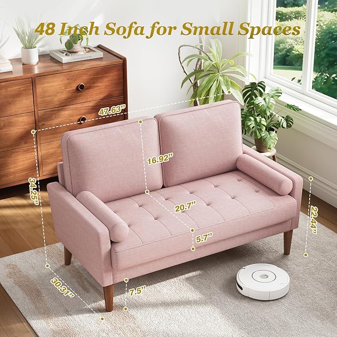 Vesgantti Loveseat Sofa with Solid Wood Legs 48 Small Couches for Small Spaces Love Seat for Living Room Bedroom Easy Assembly Mid Century Modern Couch with Throw Pillow for Apartment Pink