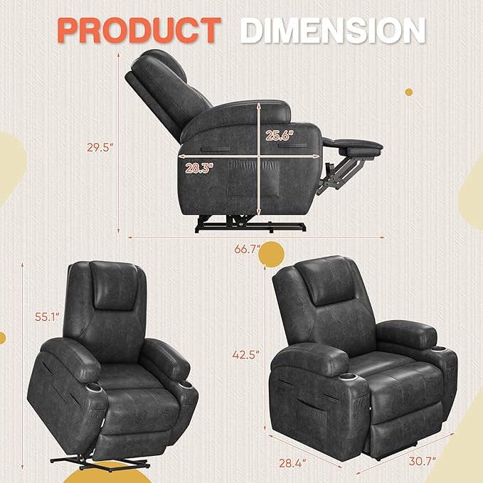 Electric Power Lift Recliner Chair with Massage for Elderly Corduroy Fabric Recliner Single Sofa with Cup Holders Side Pockets and Remote Control for Living Room Bedroom (Leathaire Dark Gray)