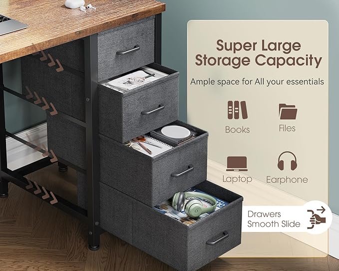 Casaottima 40 Inch Small Computer Desk with 4 Fabric Drawers Modern PC Desk for Small Spaces Home Office Desk with Storage Shelves Vintage