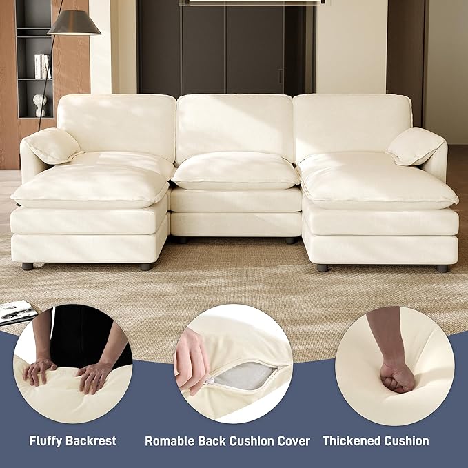 Cloud Couch Modular Sectional Sofa 114 U Shape Comfy Sectional Couches for Living Room 3 Seater Modern Chenille Deep Seat Cloud Sofa with 2 Ottoman and Memory Foam White