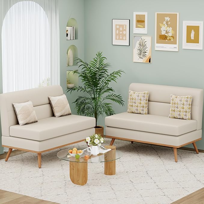 Aklaus Upholstered Small LoveseatFaux Leather Modern Mini Sofa Couch Love Seat Armless Settee Bench with Back for Living Room Bedroom Office Small Space Entryway Beige