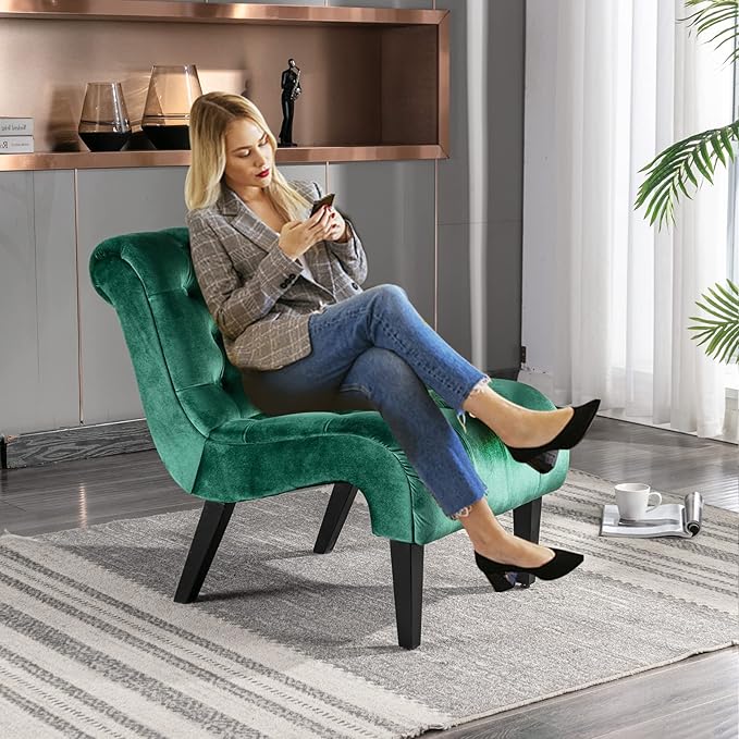 KINFFICT Velvet Accent Lounge Chair for Living Room Modern Leisure Chair with Tufted Backrest Indoor Armless Side Chair Upholstered Bedroom Sleeper Chairs with Solid Wood Legs