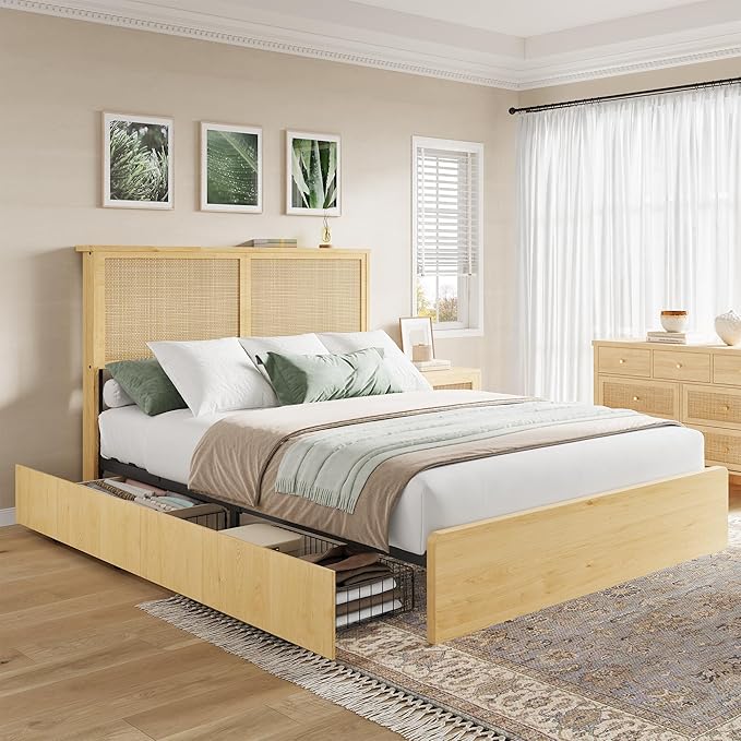 GAOMON Full Size Rattan Bed Frame with 4 Storage Drawer Boho Style Rattan Bed with LED Light &amp Natural Headboard Sturdy Wooden Slats Support No Box Spring Needed