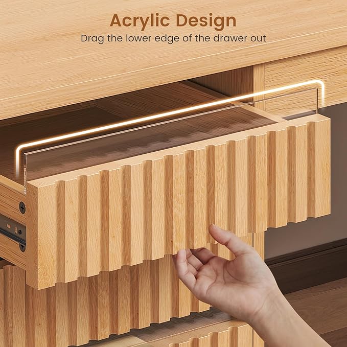 SEDETA 55.1 Fluted Office Desk with 6 Drawers Modern Executive Desk with Acrylic File Drawers Computer Desk with Power outlets for Home Office and Study Natrual