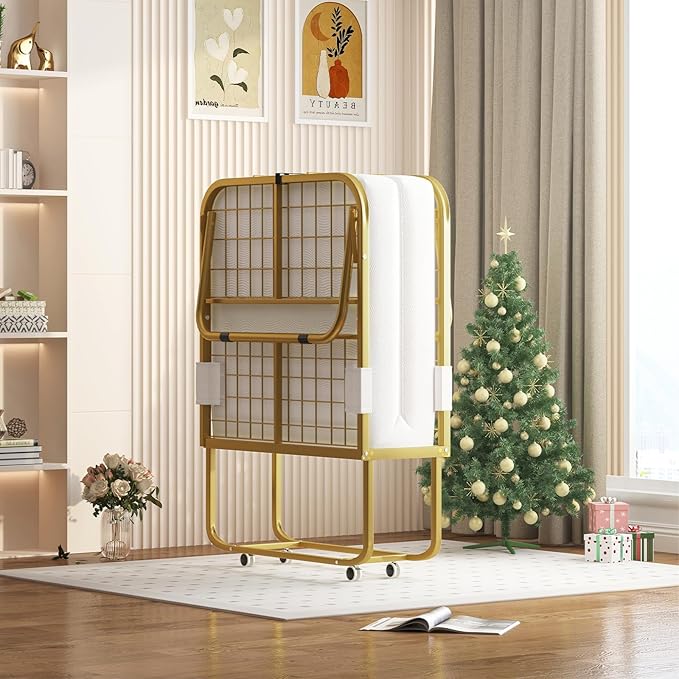 PUREMIND Folding Bed with Mattress for Adults 75”L x 46”W Portable Foldable Beds with Metal Bed Frame Single Portable Roll Away Guest Beds for Bedroom Living Room Office