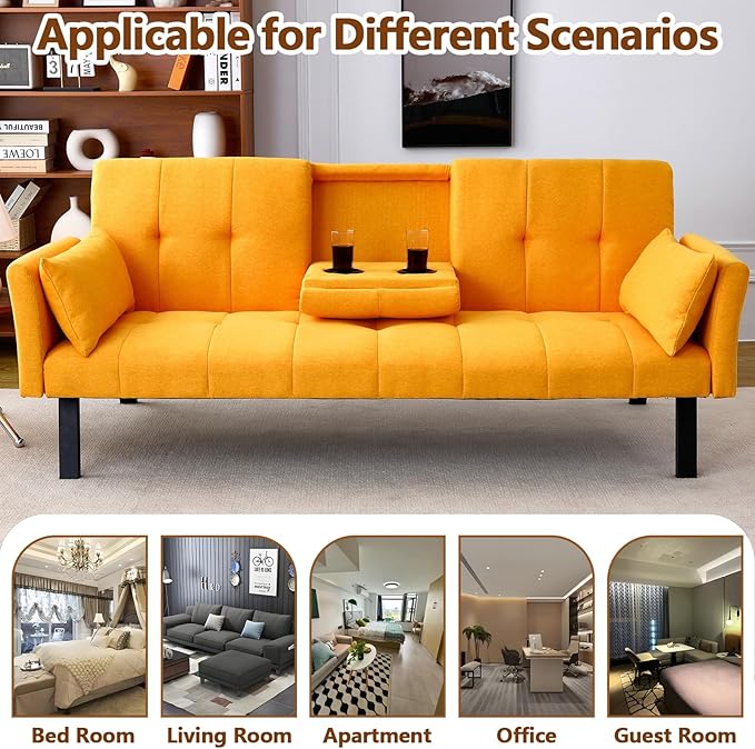 72 Cotton-Linen Futon Couch Living Room Couch Bed Convertible Sleeper Sofa Bed with Cup Holder for Bedroom Guest Bed 2 Seater Reclining Sofas Couches with Nailhead Trim for Small Space (Yellow)