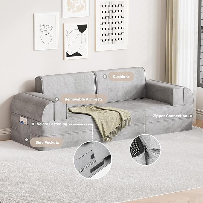 79 Multi-Style Convertible Sleeper Sofa Bed Loveseat Boneless Couch in a Box Folding Floor Mattress with Removable Pillows Armrests Side Pockets Fold Out Lounge Against the Wall Light Grey