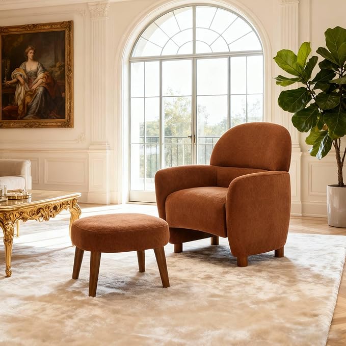 Lazy Chair with Ottoman Modern Boucle Accent Lounge Chair with Footrest Upholstered Leisure Sofa Reading Armchair with Wood Legs for Living Room Bedroom Dorm Garden-Orange