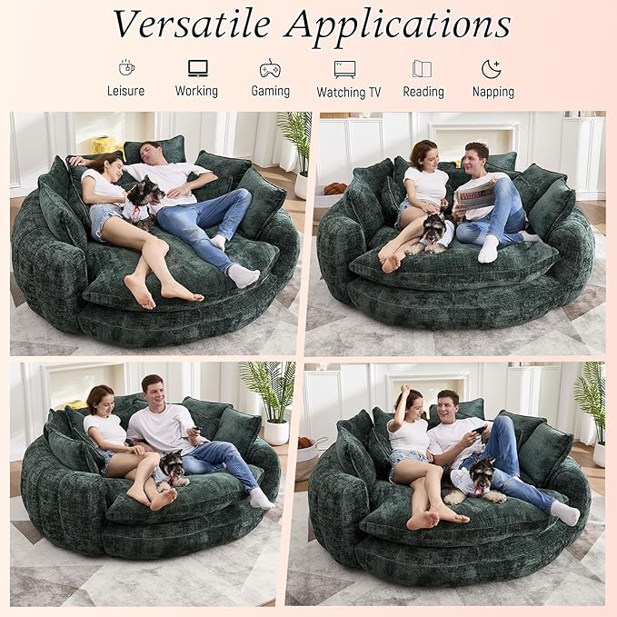 Oversized Sleeper Sofa Bed 81'' Round Chaise Lounge Chair Indoor Modern Chenille Boneless Couch Loveseat Plush Couch Cloud Couches Comfy Bean Bag Chair for Living Room Apartment (Emerald)