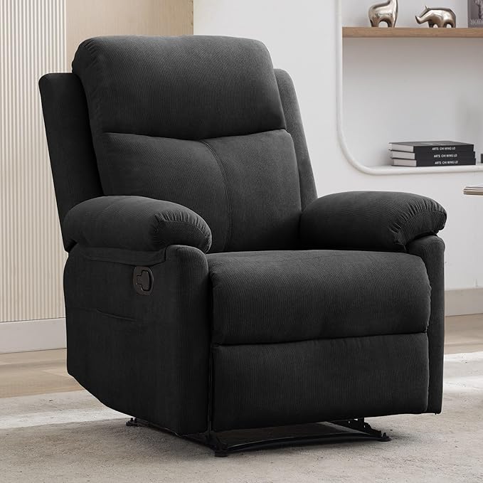 Recliner Chairs Small Recliners for Small Spaces Manual Recliner for Adults with Side Pockets Adjustable Overstuffed Comfy Corduroy Reclining Chair for Living Room Bedroom Reading Black