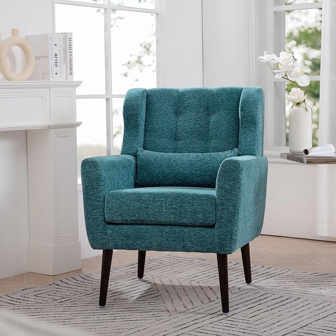Modern Accent Chair Chenille Fabric Upholstered Tufted Side Wingback ChairMid Century Reading Chair Armchair with Waist Pillow Backrest for Living Room Bedroom (Teal)