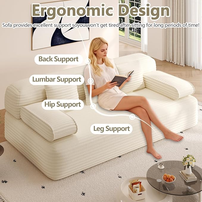 79'' Convertible Sofa Bed Queen with Super Wide Arms Boneless Foldable Couch Bed with 3 Pillows for Adults Corduroy Folding 3 Seater Sofabed with Comfortable Seat for Living Room Bedroom (Beige)