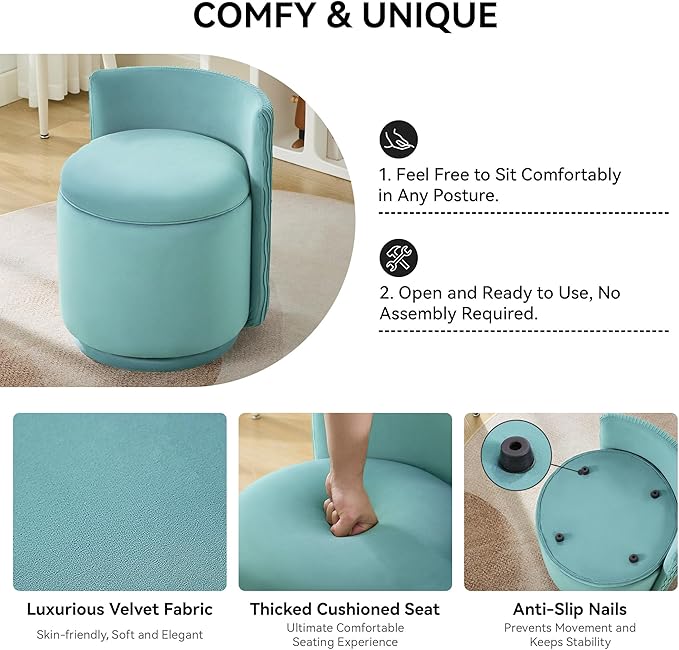 Velvet Vanity Chair with Storage 360° Swivel Makeup Chair with Wave Back No Assembly Small Accent Stool for Bedroom Dressing Living Room Teal