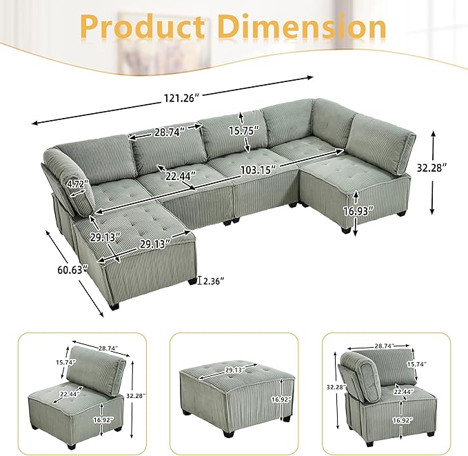 121 Inch Cloud Modular Sectional Sofa Oversized U Shaped Modular Couch with Reversible Chaise 6 Seat Comfy Convertible Sectional Sofa with Ottoman for Living Room Mint Green