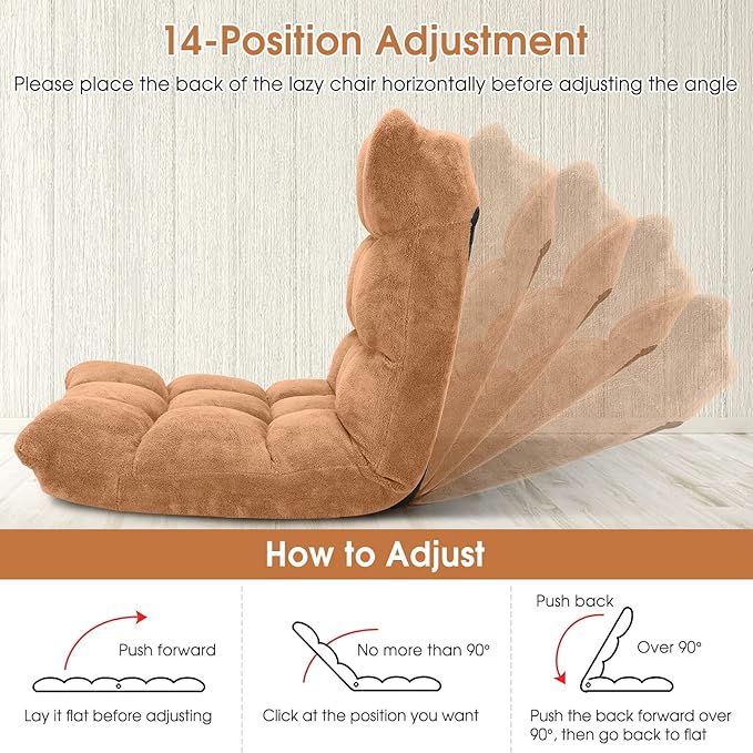 Giantex Folding Floor Chair with Back Support 14 Adjustable Position Padded Sleeper Bed Couch Recliner Gaming Floor Chairs for Adults Meditation Living Room (TAN)
