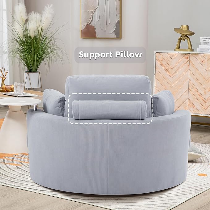 51'' Accent Swivel Barrel Chair with Storage OttomanModern Oversize Round Swivel Leisure Arm Chair with TrayPillowCorduroy Fabric for Living RoomHotelClub Lounge Grey
