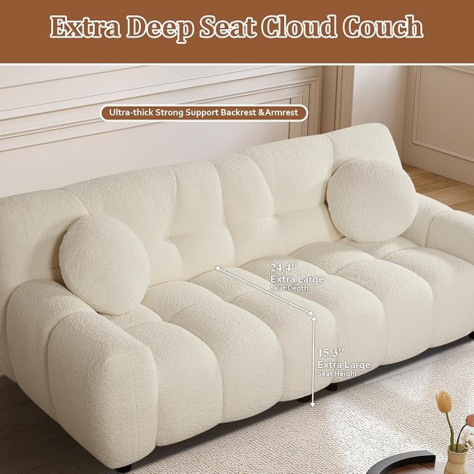 73 Boucle Cloud Sofa Couch with 2 Soft PillowsComfy Upholstered Teddy 2 Seater LoveSeat SofaModern Deep Seat Sherpa Cloud Couch Oversized Love Seat for Living Room Bedroom Apartment Beige White