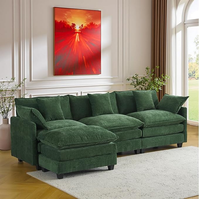 111.4 L-Shaped Cloud Chenille Sofa Sectional Couch with Reversible Chaise Flexible 3+1 Layout for Large Spaces Deep Seat and Free Pillows Included