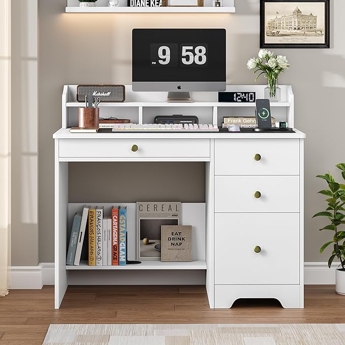 TTVIEW Computer Desk with Drawers and Hutch Shelf Wood Executive Desk Writing Study Table with 43” Wide Tabletop Small Desk with File Drawer for Home Office Bedroom White