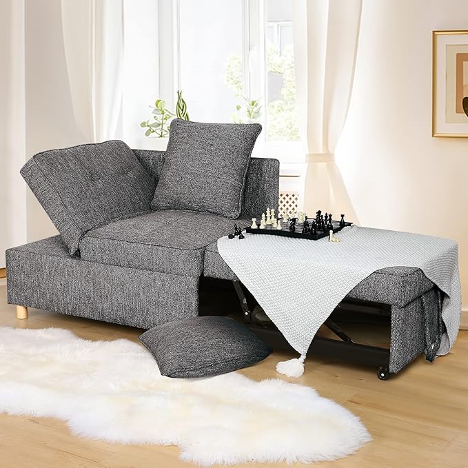SEJOV Sofa Bed 4-in-1 Convertible Sofas &amp Couches 3-Seat Linen Fabric loveseat Sofa with 2 Throw Pillow Single Recliner for Small Space with 5 Adjustable Backrest Dark Grey