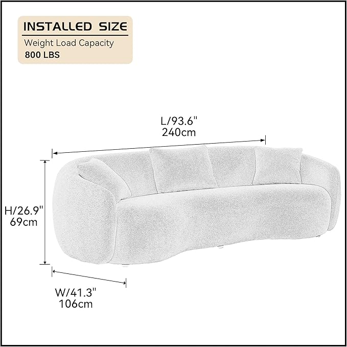 WILLIAMSPACE 94 Modern Curved Sofa Back Upholstered Boucle Couch with 3 Throw Pillows 3-Seat Boucle Fabric Couch for Living Room Office Apartment White