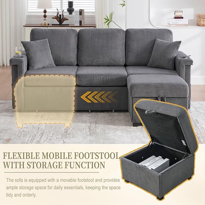 L-Shaped Sectional Sofa with Storage &amp Movable Ottoman Corduroy 3 Seater Sectional Couch with USB Charging Cup Holder &amp LED Light Couches for Living Room (Dark Gray 76.38)