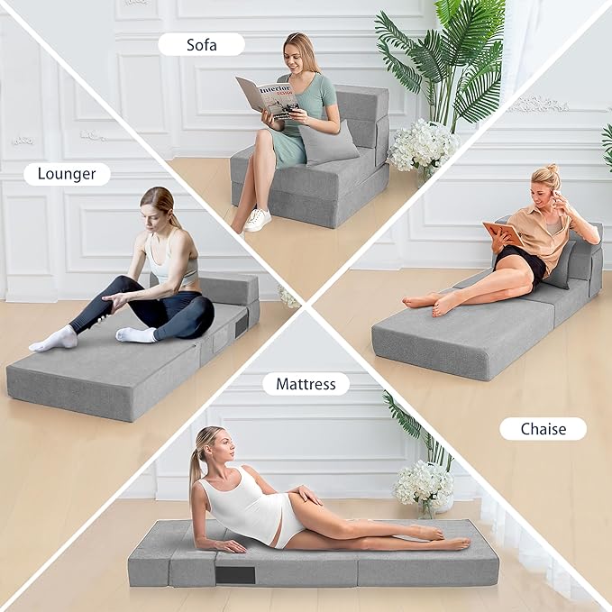 Sofa Bed Foldable Mattress Folding Sleeper Sofa Chair Bed Floor Mattress with Pillow for Living Room Home Office (Light Gray Single)