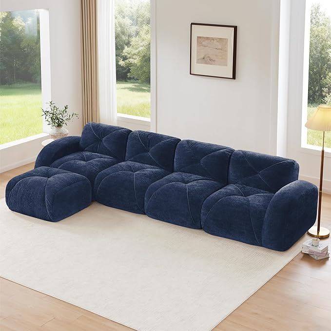 KEIKI 141 L-Shaped Velvet Modular Sectional Sofa with High-Density Foam Cushion &amp 4 Pillow &amp 1 Ottoman Compressed Boneless 4-Seater Tufted Couch No Assembly Required for Living Room Blue