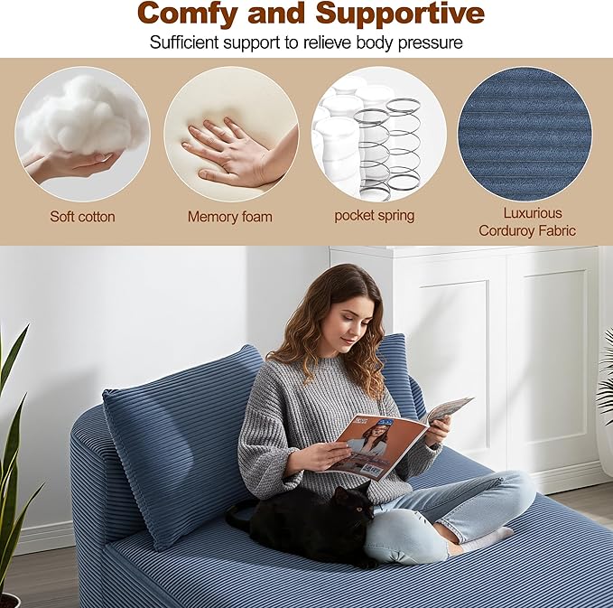 Chaise Lounge Chair Indoor 67.5 Oversized Boneless Couch Could Comfy Upholstered Sleeper Sofa Bed Corduroy Plush Modern Curved Floor Sofas Chair with 2 Pillows for Readng Living Room Bedroom Apartment