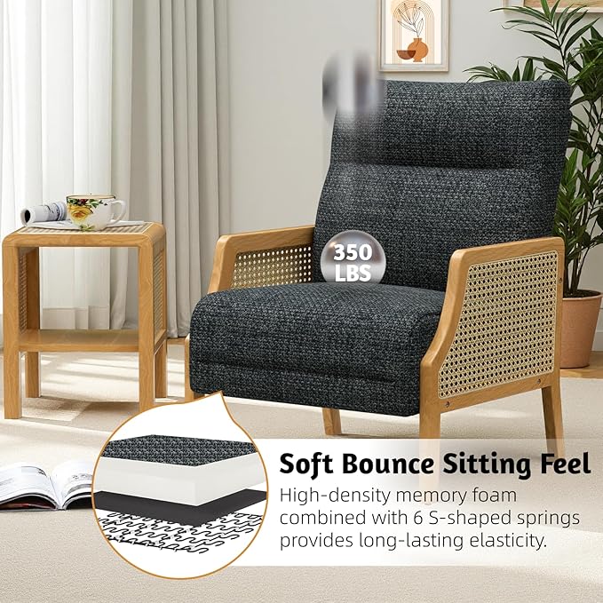 Accent Chair Set of 2 with Rattan Armrest Armchair with Breathable Linen Fabric Upholstered Arm Chair for Living Room Bedroom Dark Gray