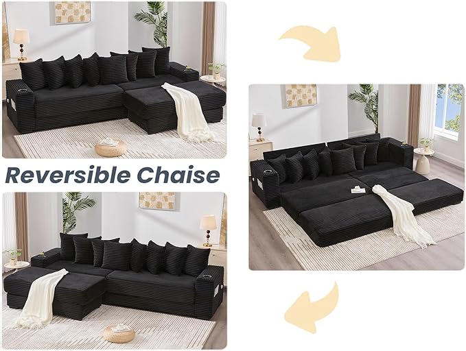 Oversized L-Shaped Modular Sectional Sofa Couch with 8 Pillows Convertible Corduroy Sleeper Sofa Bed with Cupholders &amp Storage Pockets Cloud Couch with Movable Ottoman for Living Room Black