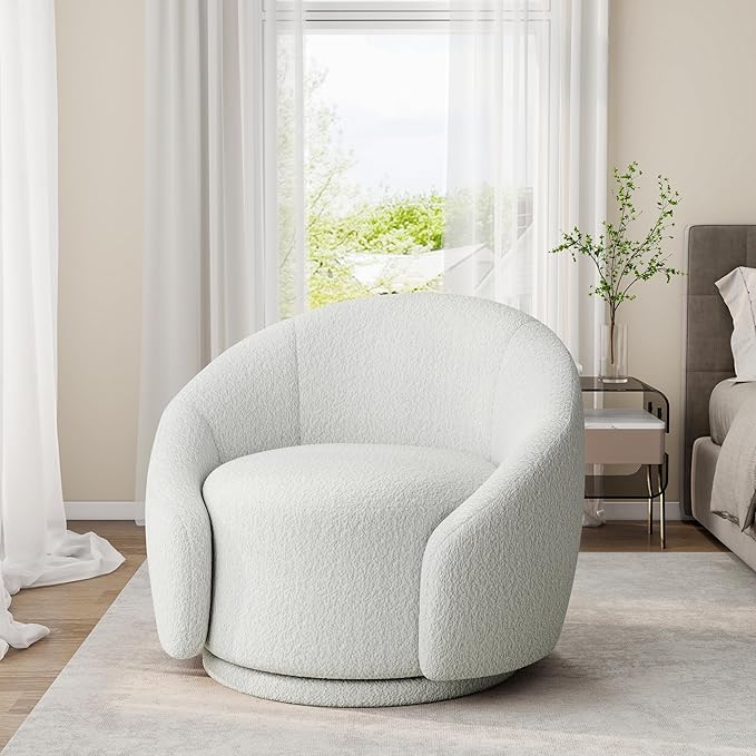 Swivel Barrel Accent Chair 360° Small Round Sofa Chair Comfy Modern Reading Armchair for Living Room Bedroom (Boucle White Set of 2)