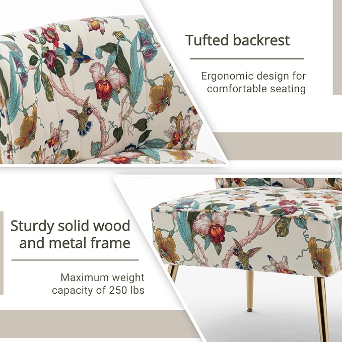 Armless Accent Chairs Set of 2 with Gold Metal Legs Modern Comfy Tufted Living Room Chair Velvet Upholstered Floral Side Chair Mid Century Slipper Chair for Bedroom Flower Print Beige
