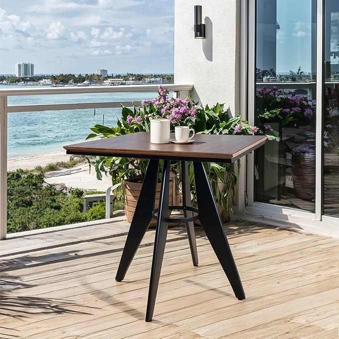 Square Cafe Table - 27.6 Oak Wood Top Metal Frame 28.15 High Modern Industrial Dining Table for Kitchen Home Office Bistro Compact for Space Saving