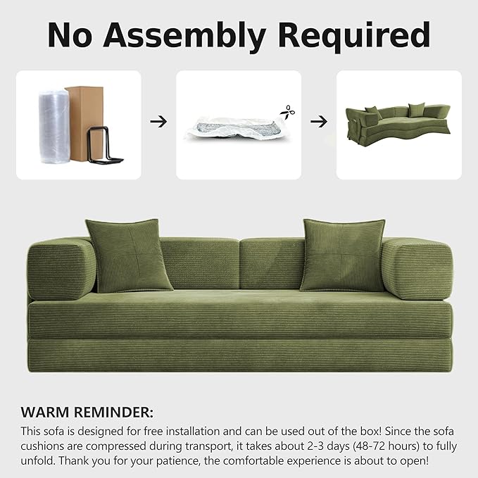 78.8 Boneless Sleeper Sofa BedConvertible Futon Couch with Storage Pocket and 2 PillowsModular Corduroy Sofa for livingroomSmall speaceGreen