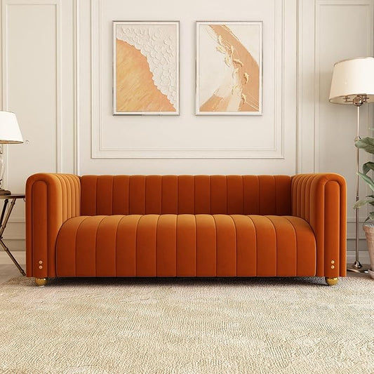 81 Orange Velvet Sofa Mid Century Modern Couch for 3 Person Chesterfield Tufted Velvet Couches for Living Room Apartment Bedroom Office