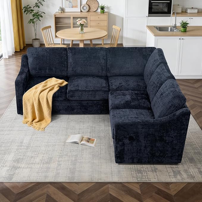 89 Inches Chenille Sectional Sofa with High Density Sponge Modern 5 Seats Corner Couch with Deep Seat Comfy Modular L Shaped Couch with Comfortable Back Cushions for Living Room Blue