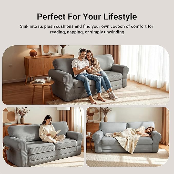 Claiks 83 Corduroy Loveseat Sofa for Living Room Boneless Sofa with Wide Rounded Armrest Deep Cushioned Couch with Lock-Stitched Edges Skin-Friendly Cloud Couch White Light Grey | Corduroy Bone