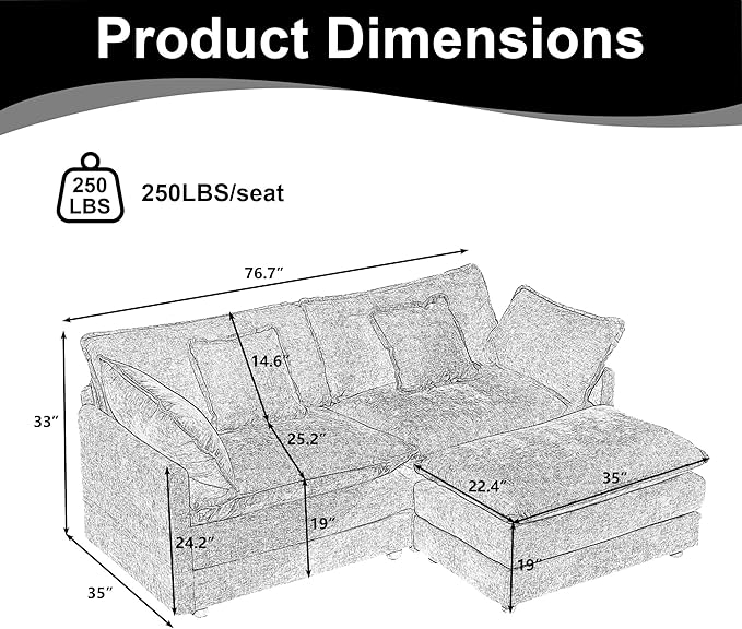 GNIXUU 76.7 White L Shaped Comfy Chenille Modular Cloud Sofa Modern 2 Seater Couch with Movable Ottoman Deep Seat Sofa with 4 Pillows for Living Room Apartment Small Places