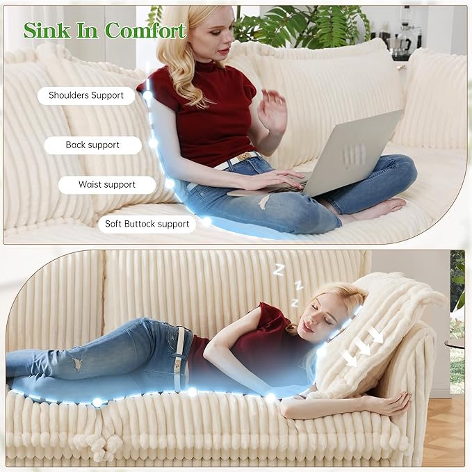 Modular Accent Armchair with Ottoman and Pillows Soft Corduroy Lounge Chair for Living Room Bedroom or Reading Nook – Oversized Chaise Lounge Design (White Single Chair)