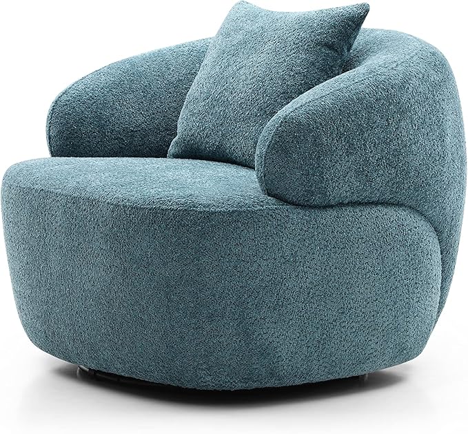 KEIKI 35 Round Oversized Boucle Single Sofa Chair with Ergonomic Design Upholstered Modern Style 1-Seater Corner Swivel Barrel Chair Easy Assembly for Office Apartment Living Room Blue