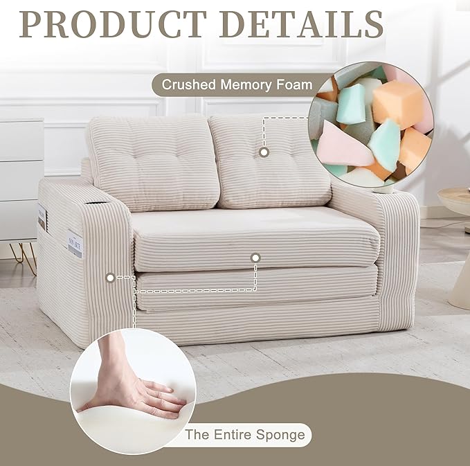 54 Convertible Sofa Bed 2-in-1 Boneless Folding Couch Bed with Cup Holder &amp Pocket Corduroy Fold Out Floor Couch with Pillows for Living Room Bedroom Small Spaces (Beige)