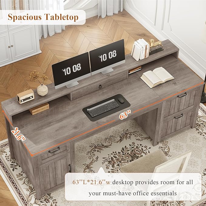 SEDETA Farmhouse 63 Executive Desk Wood Computer Desk with Drawers and Storage Cabinet Home Office Desk with File Drawer and Monitor Stand Wood Desk for Work Study Writing Grey