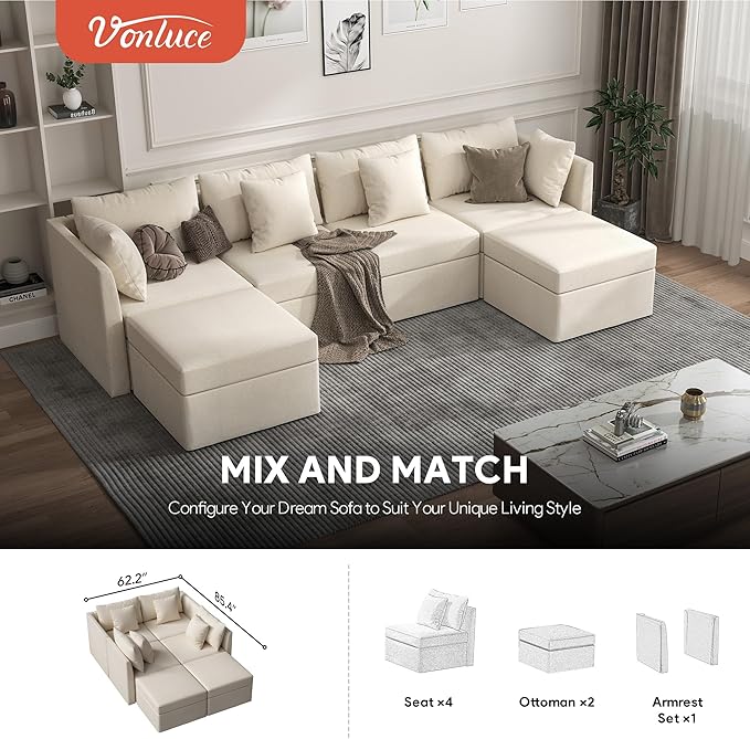 VOLUNCE Modular Sectional Sofa Convertible U Shaped Couch with Storage Ottoman Throw Pillow 4 Seat Sofa Set with Double Reversible Chaises Sectional Sleeper Sofa Bed for Living Room Beige