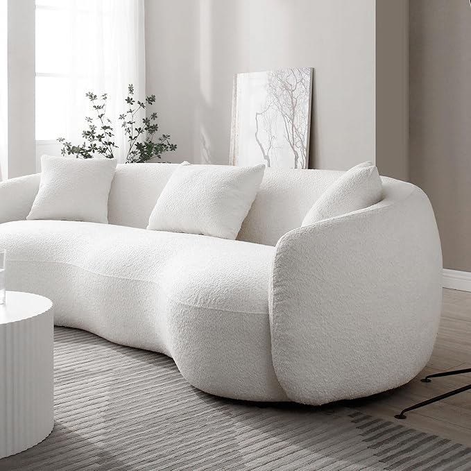 WILLIAMSPACE 94 Modern Curved Sofa Back Upholstered Boucle Couch with 3 Throw Pillows 3-Seat Boucle Fabric Couch for Living Room Office Apartment White